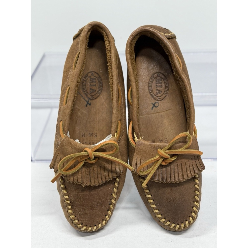 Vintage 1980s MIA Leather Kiltie Fringe Moccasins Brown Size 5.5 Made in Brazil